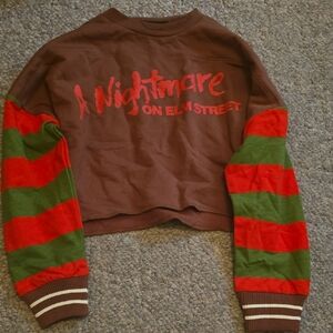 A Nightmare on Elm Street Striped Sleeve Cropped Sweatshirt - Brown, Red, Green